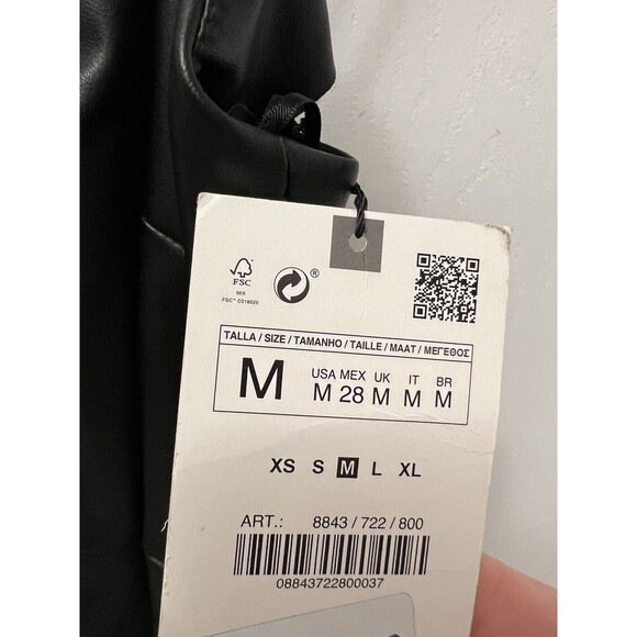 Zara Black Faux Leather Mini Dress NEW spaghetti Strap Zip Up Back Size Medium - Picture 7 of 11